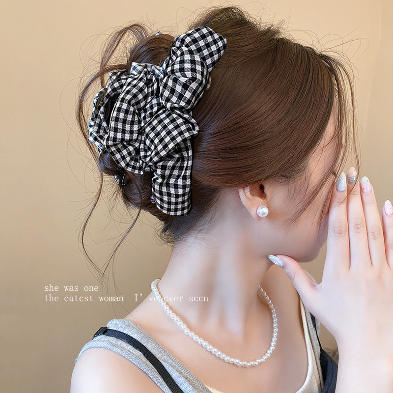 韩系简约黑白格纹泡泡抓夹发饰新款文艺高级感鲨鱼夹气质夹子发夹