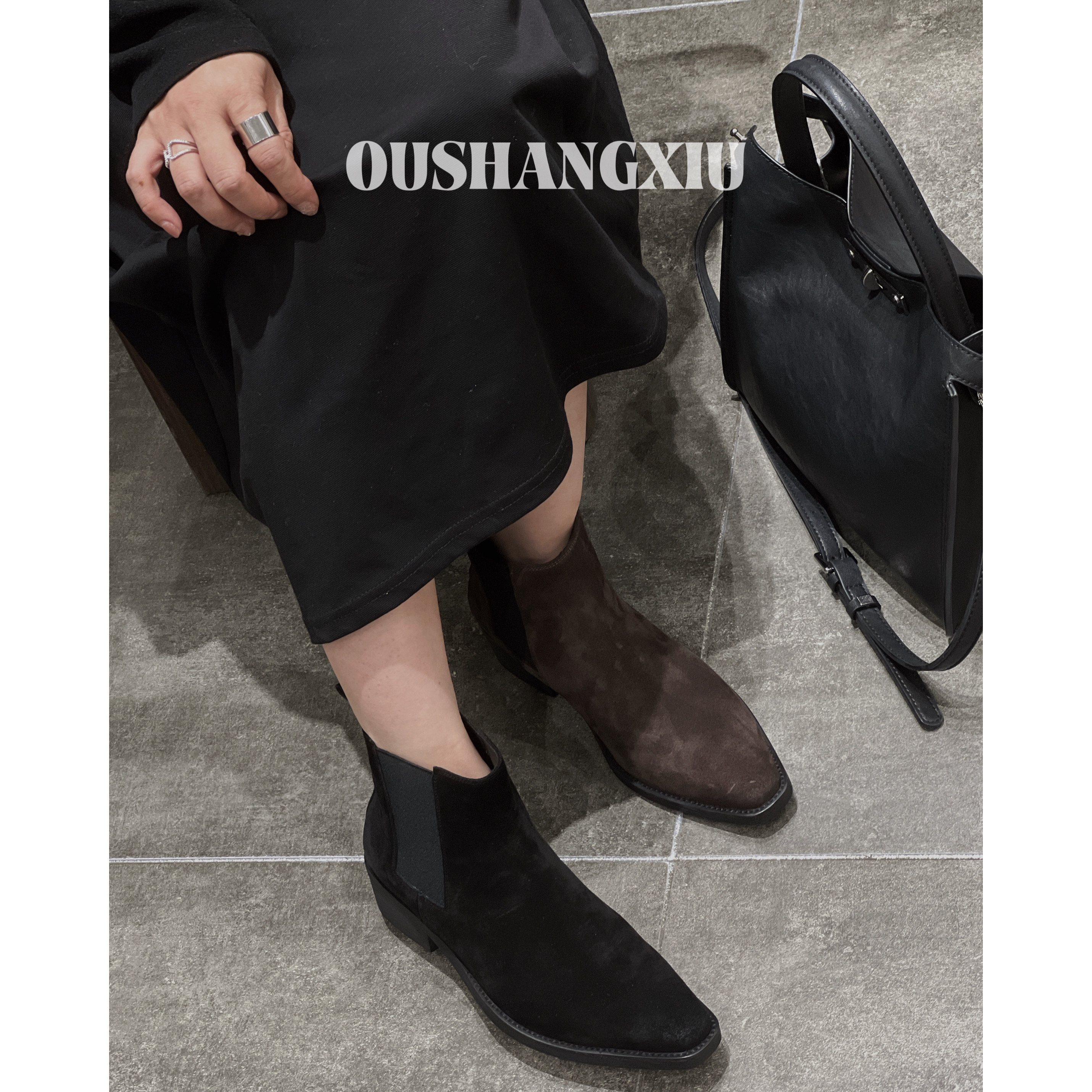 欧上秀2025早春新款英伦风切尔西靴复古短靴女磨砂皮一脚蹬烟筒靴