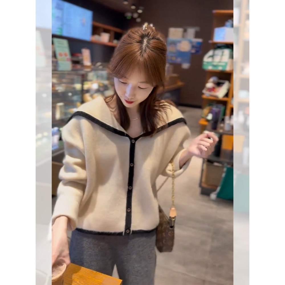 韩系白色v领大翻领软糯开衫毛衣外套女秋冬外穿加厚宽松针织上衣