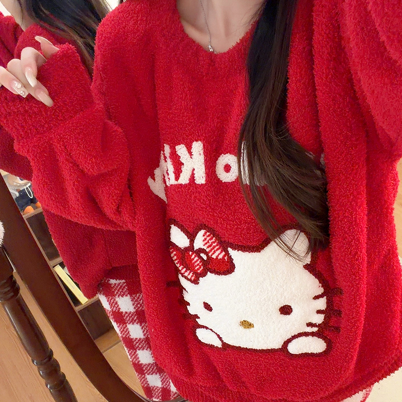 软绵绵红格子kitty睡衣女冬季半边绒长袖长裤加厚保暖家居服套装