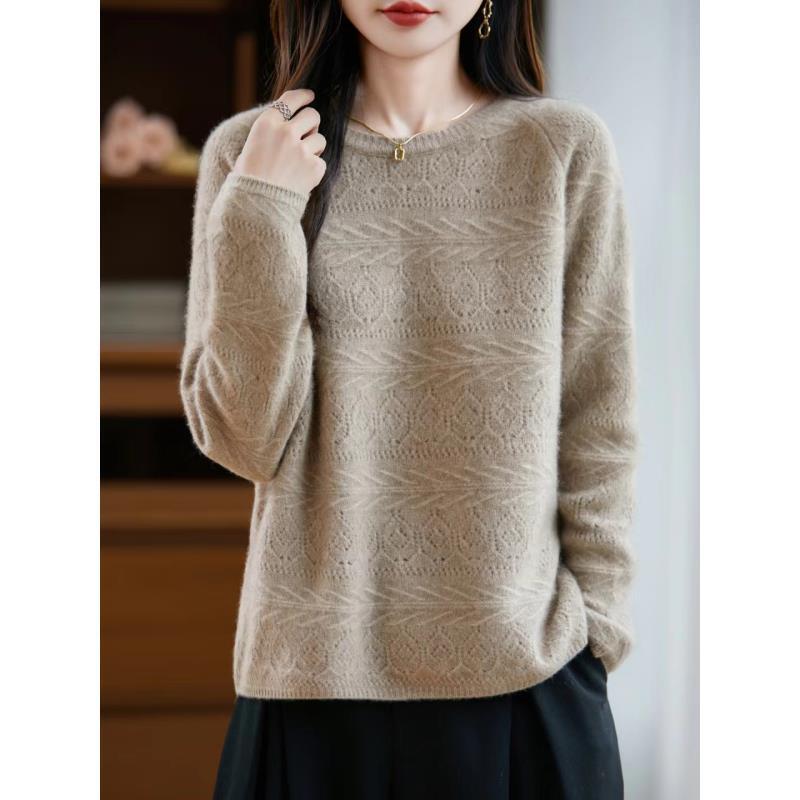 插肩一线成衣圆领镂空针织衫100纯羊毛NJR092