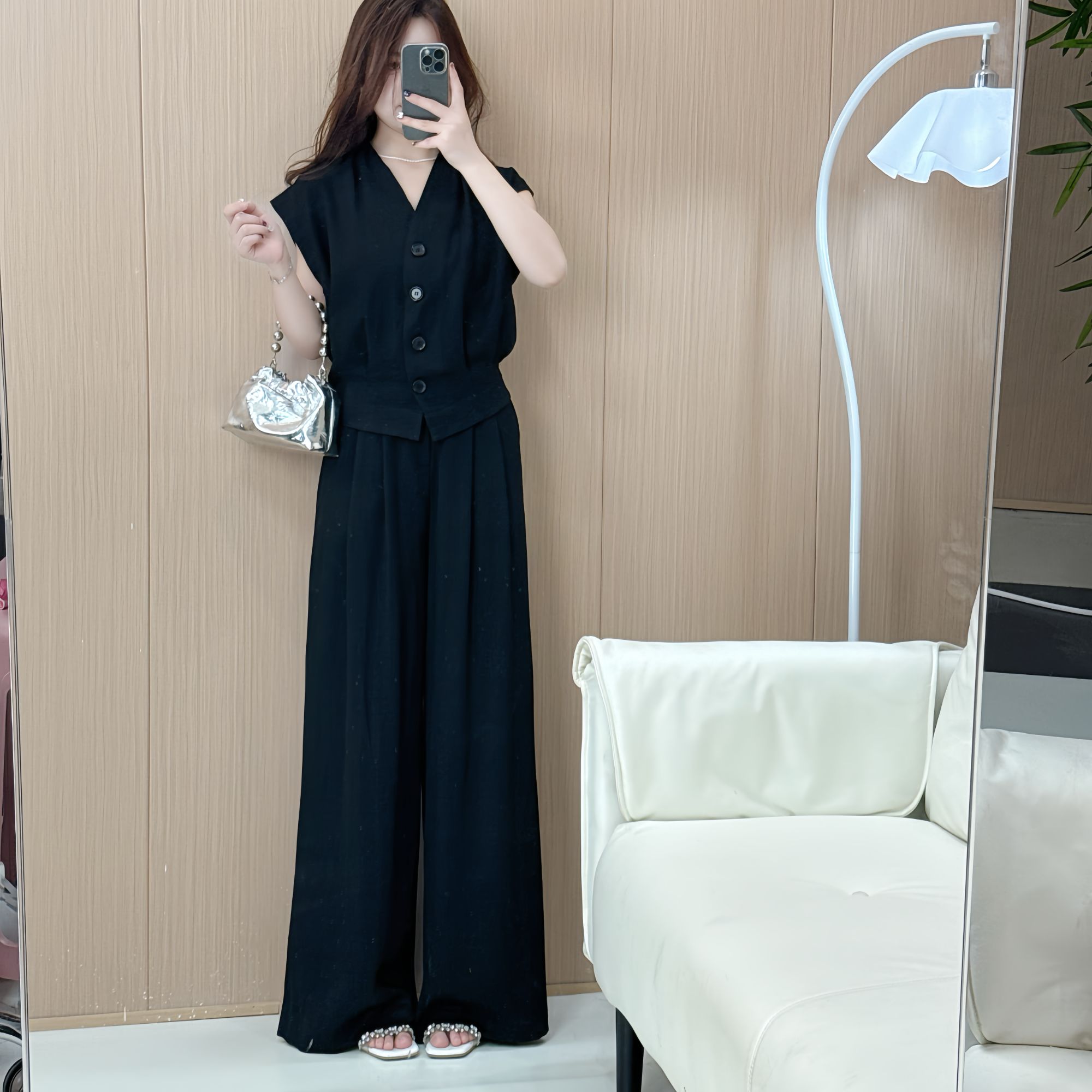 法式通勤风极简风女装时尚套装无袖上衣加阔腿裤套装