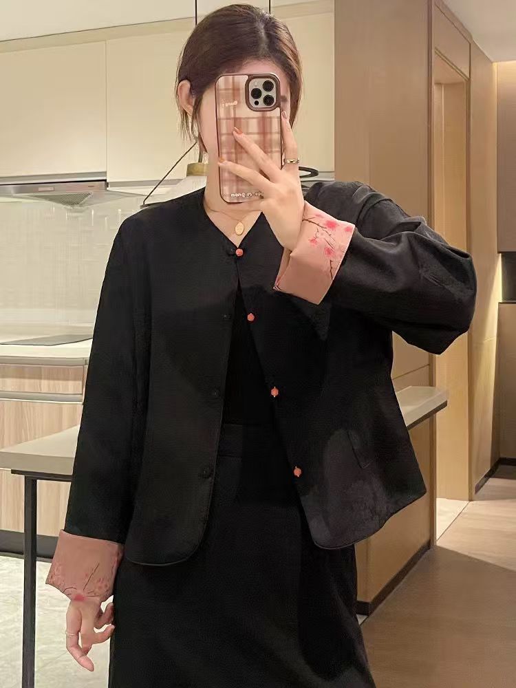 新中式提花女刺绣外套长袖气质简约开衫两面穿