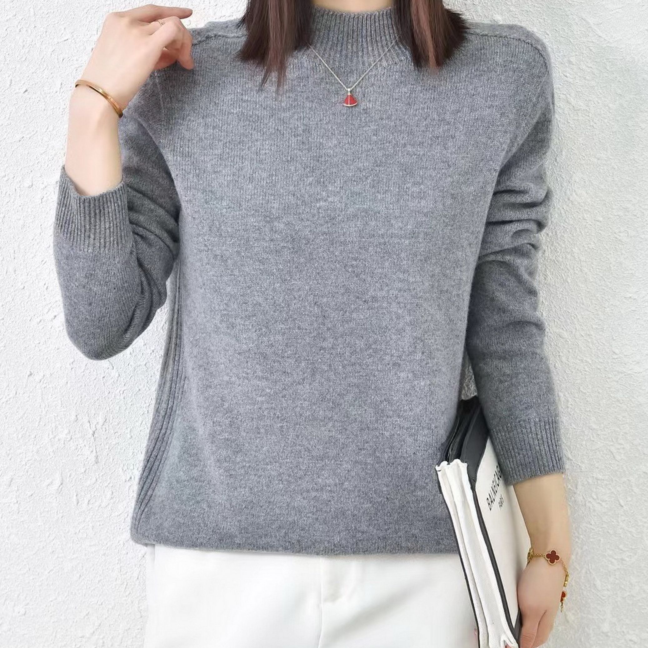 【100绵羊毛】女式半高领纯色羊毛衫 23WG0054