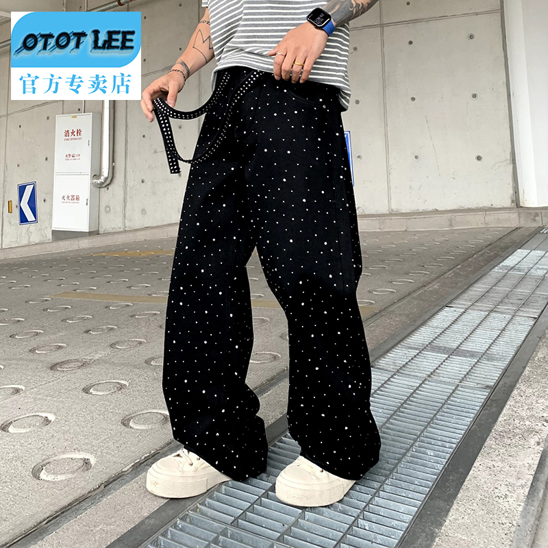 OTOT LEE牛仔裤潮流宽松运动男薄款拉链长裤满天星烫钻直筒阔腿裤