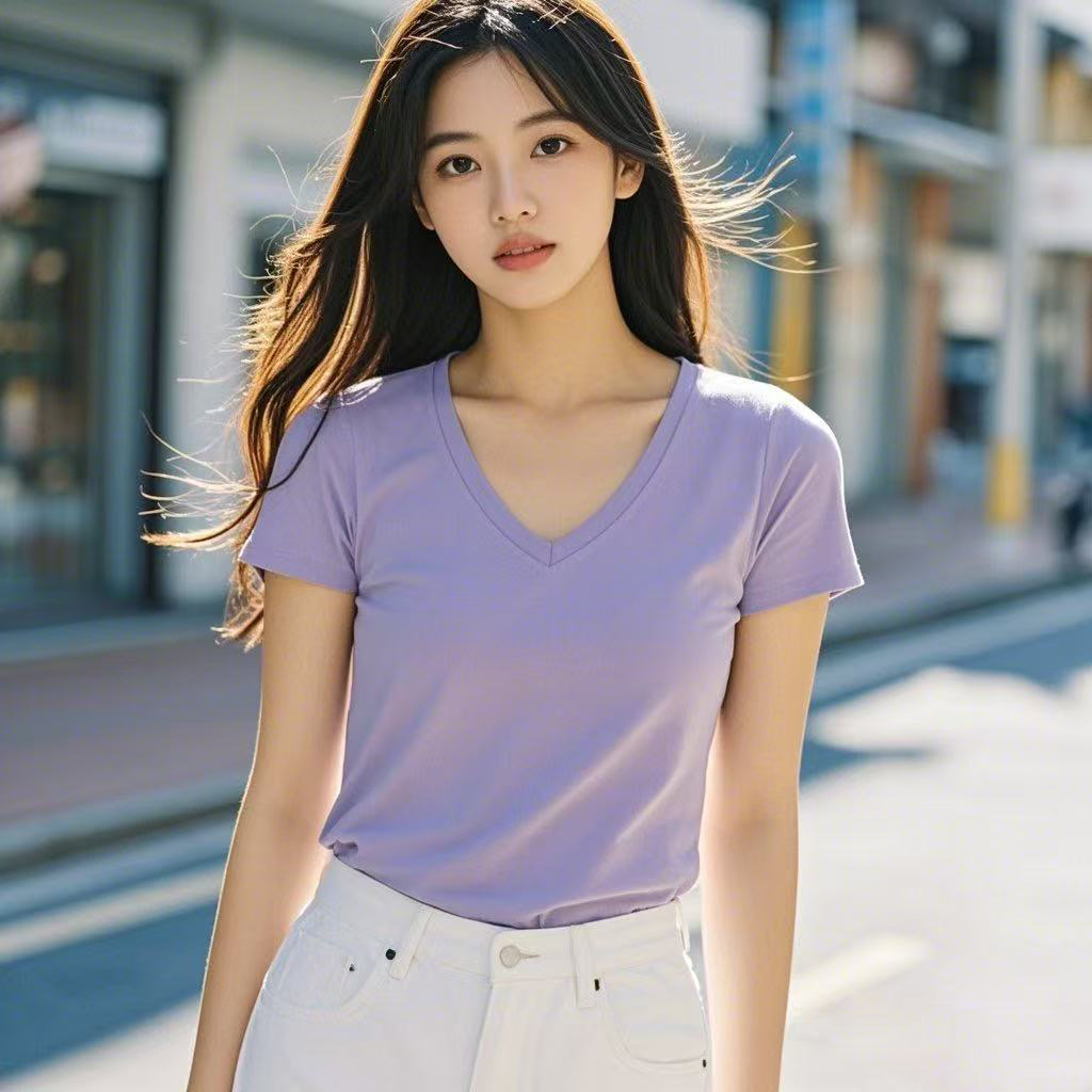 [伍老师身上同款]2025新款百搭休闲V领T恤