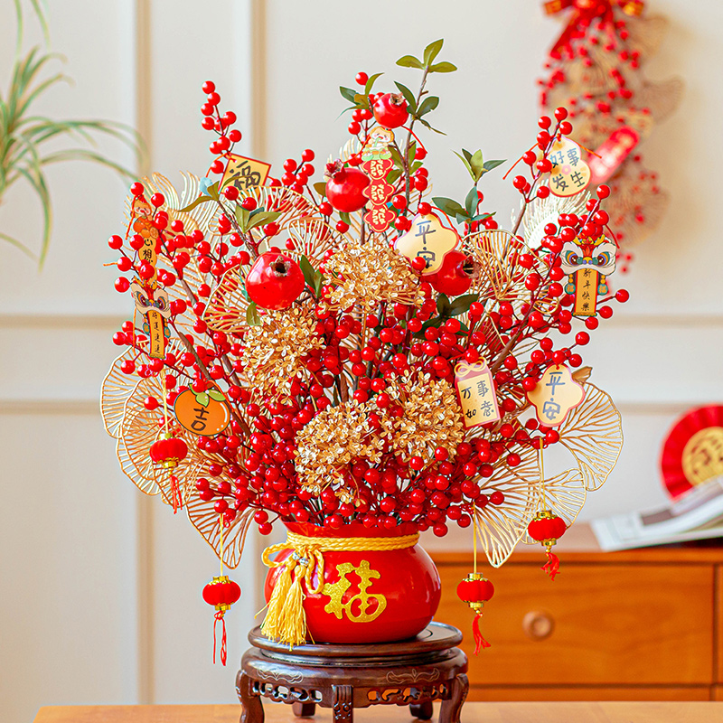 2026年大号福桶年宵花仿真花客厅电视柜新年聚宝盆发财果装饰摆件