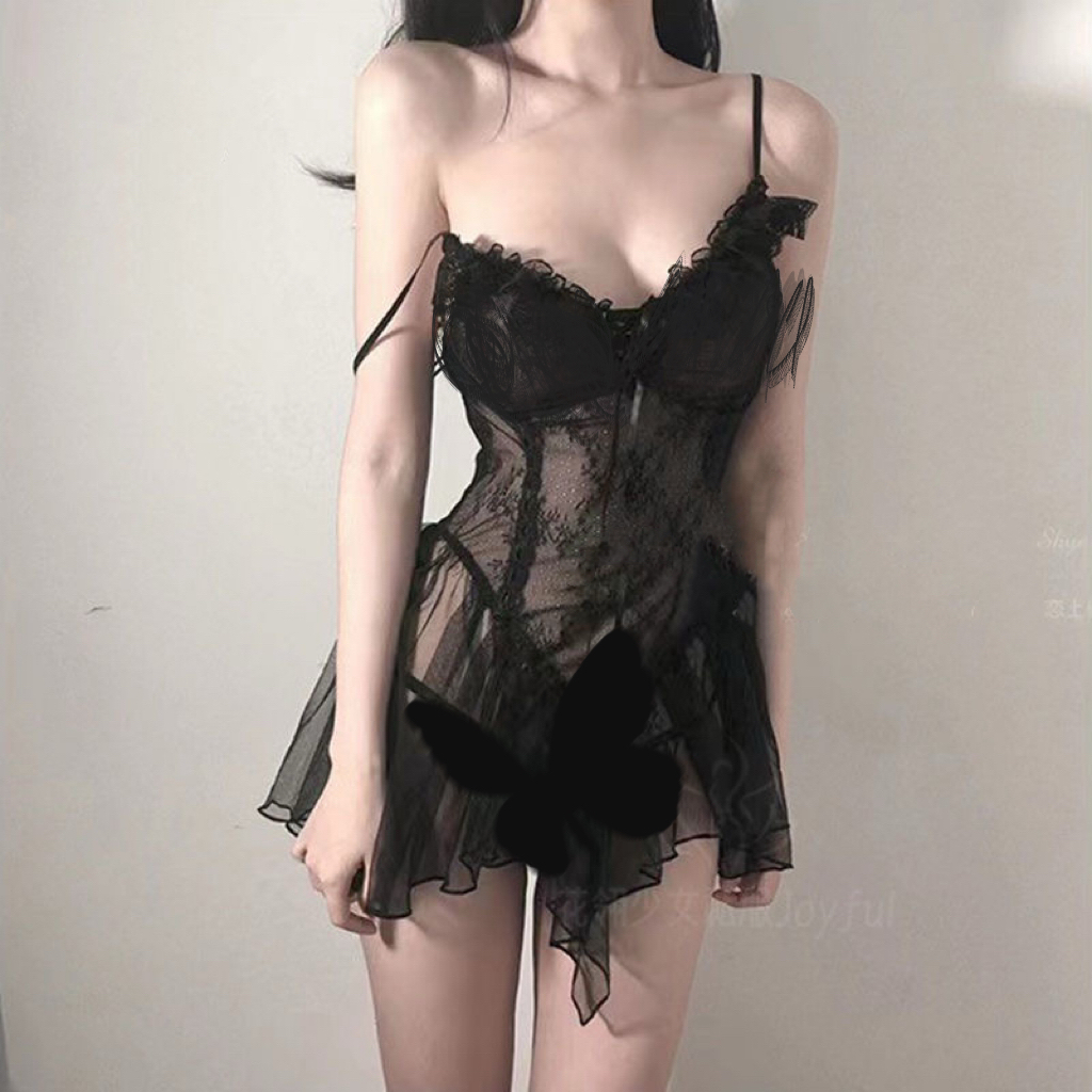 女士蕾丝内衣透肤睡衣制服激情套装连衣裙睡裙性感镂空露背纯欲风