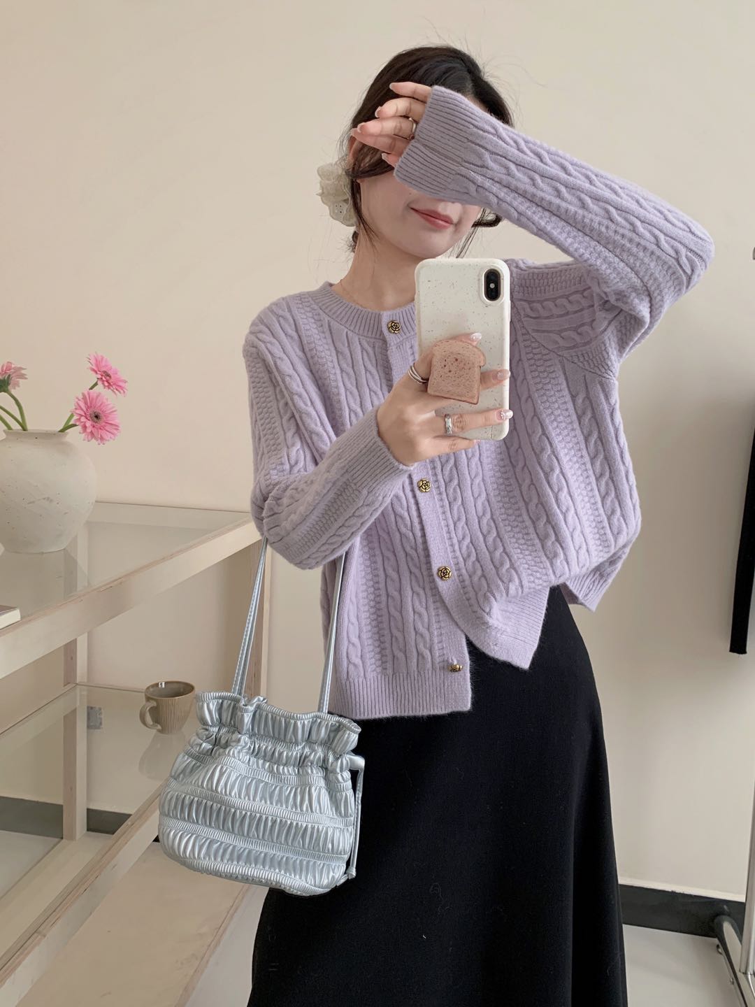 早秋外搭针织毛针织衫毛衣女韩系紫色麻花开衫短款