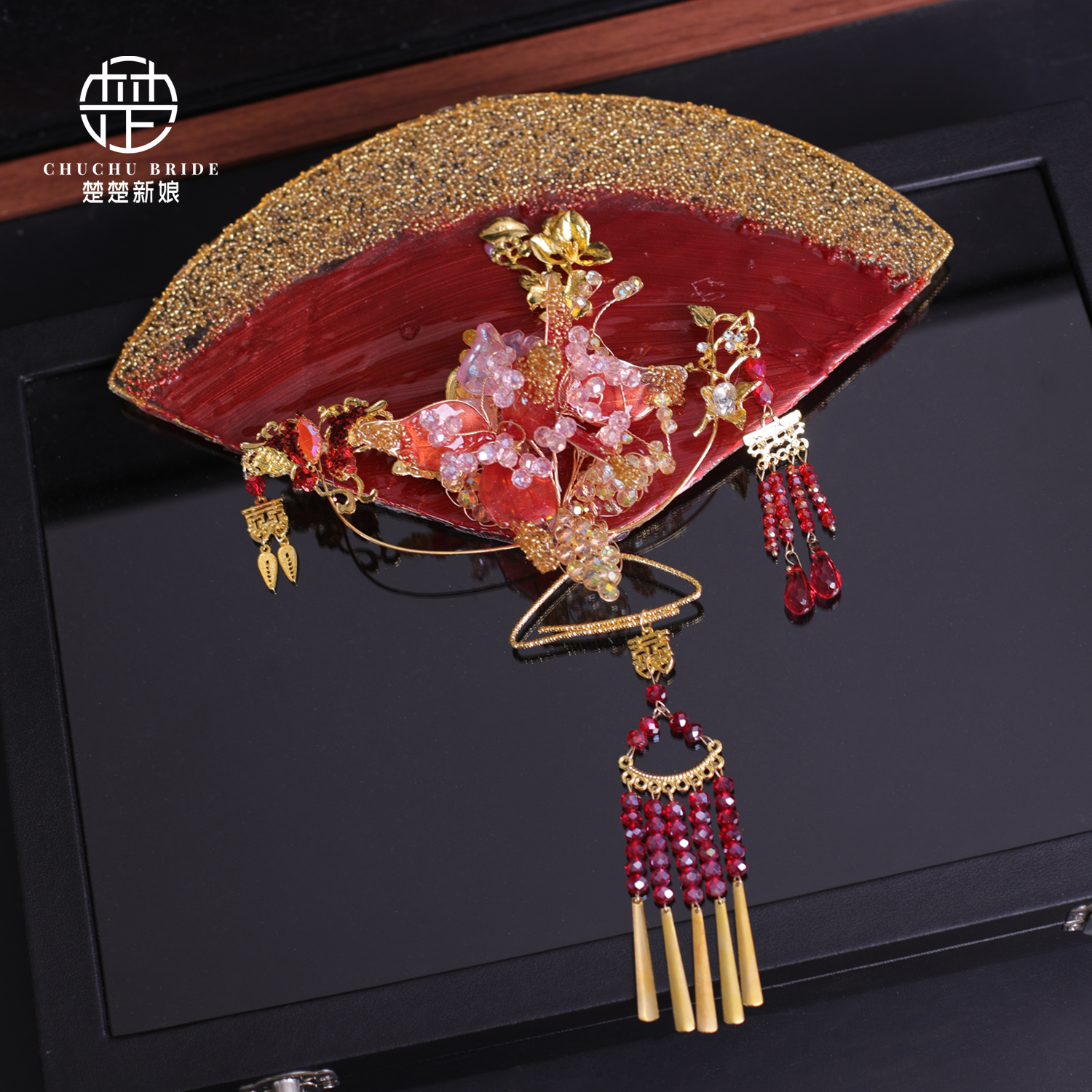 新娘秀禾水凝胶扇子金色晨袍旗袍婚纱百搭造型超仙龙凤褂蝴蝶团扇