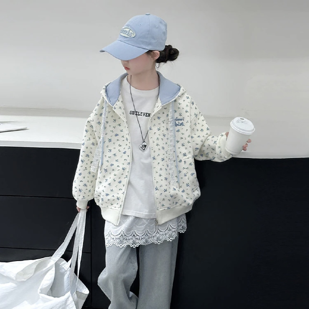 女童2025秋季新款拉链连帽碎花外套碎花拉链卫衣上衣学生宽松