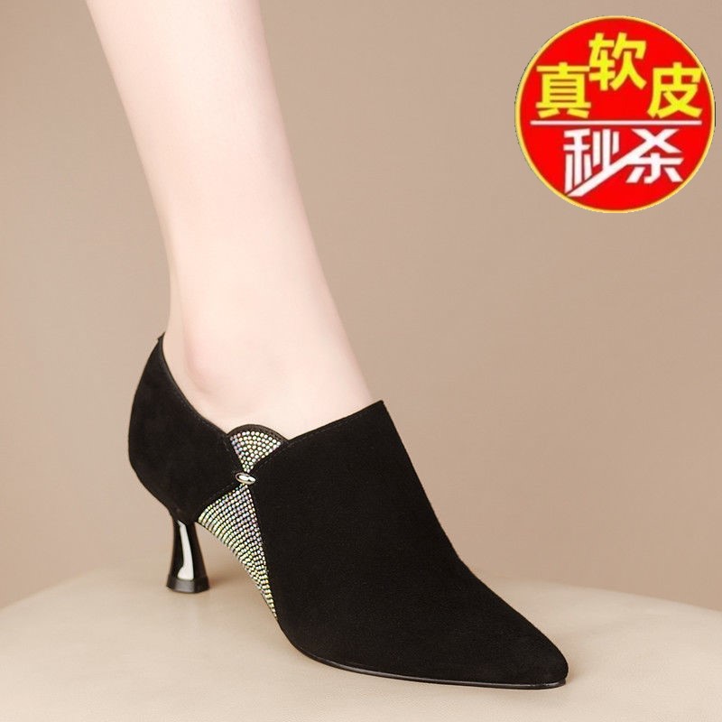 品牌断码真软皮高跟鞋女春秋细跟尖头皮鞋2025年新款真皮深口单鞋