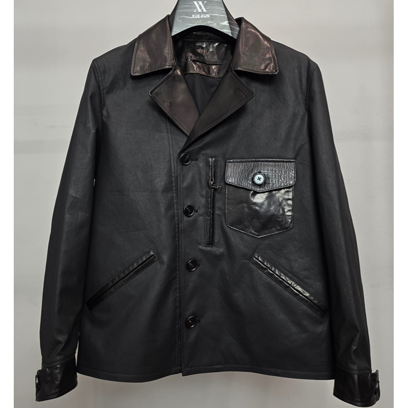 【LX高定】男士机车“牛皮配油腊布”帅气高档三开领百搭皮衣外套
