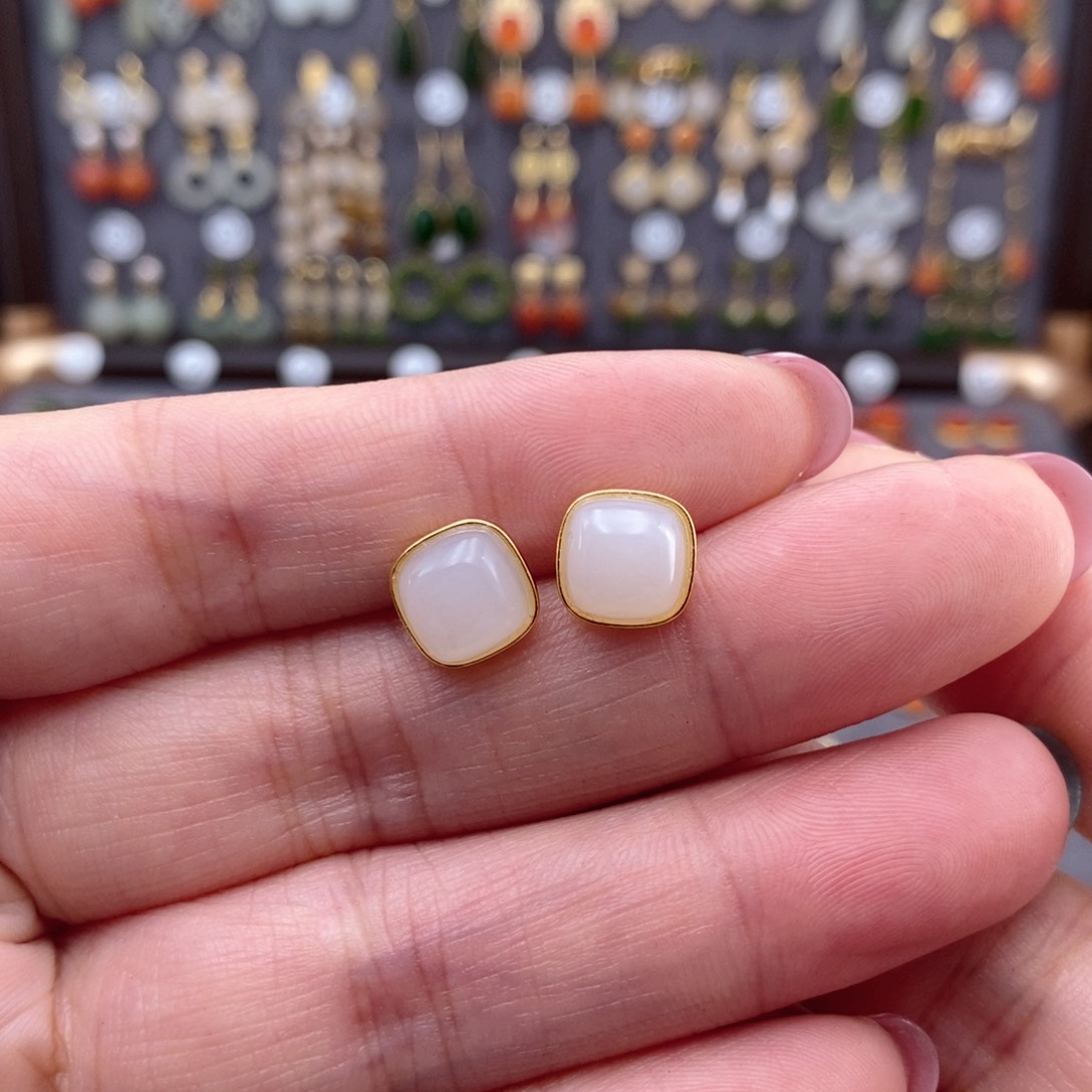 银S925镶嵌和田玉耳饰.*