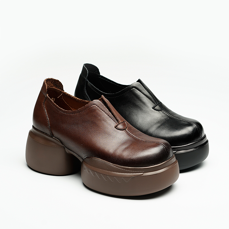 2025春季新款复古风时尚厚底单鞋增高舒适擦色低帮套脚乐福鞋棕色