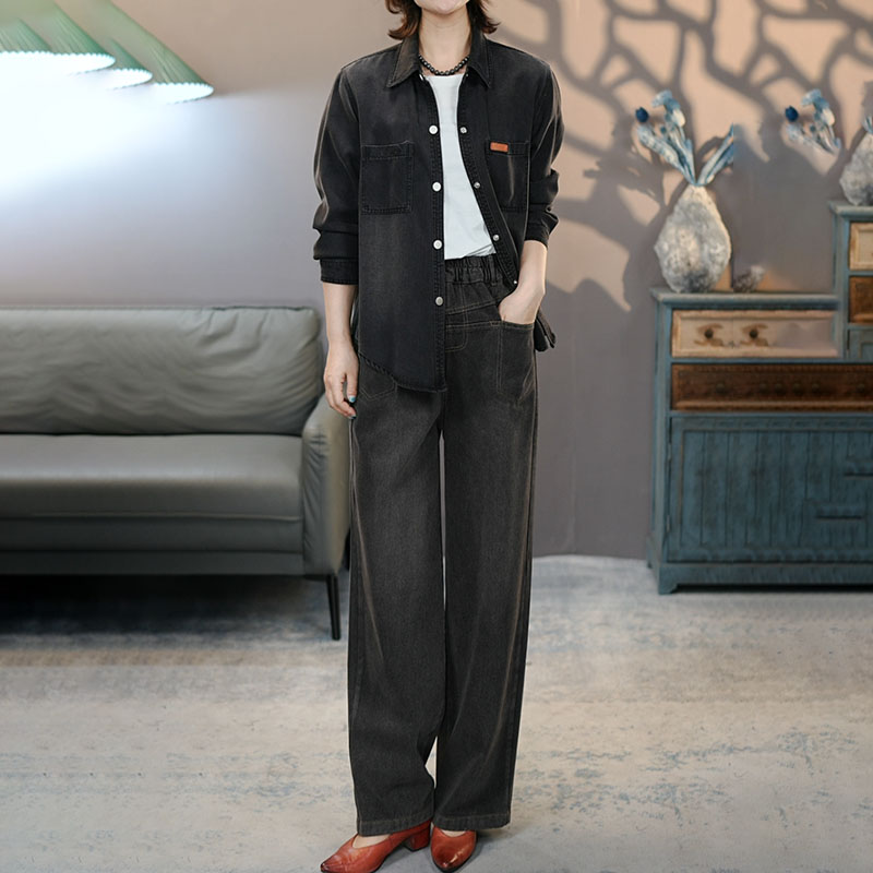 8729-6832黑套装2025秋季新款长袖外套裤子时尚显瘦百搭上衣长裤