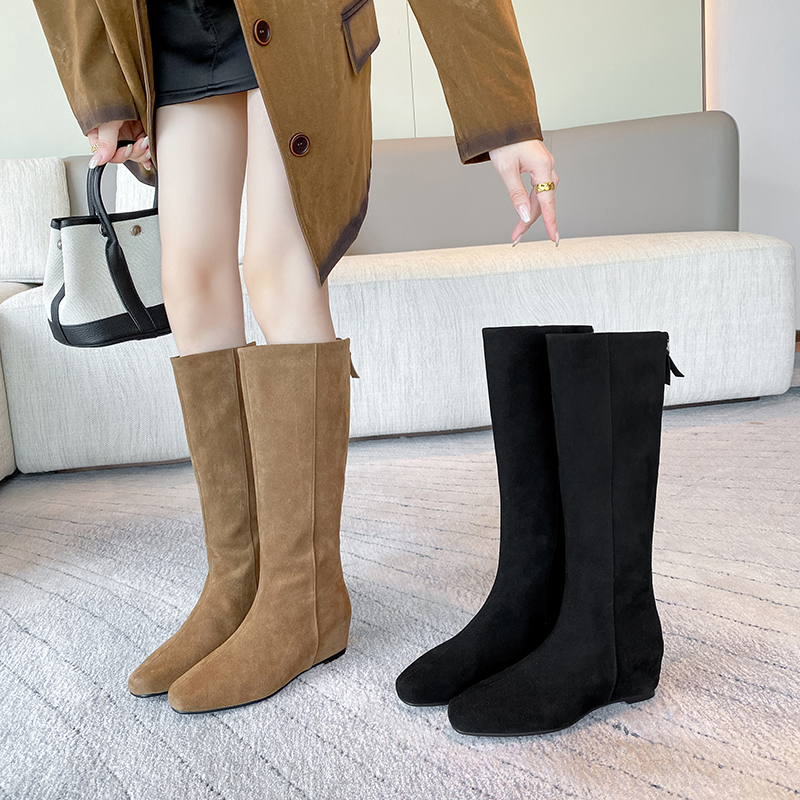 牛皮/4cm百搭显脚瘦修饰腿型加大大筒围粗跟小个子内增高长筒靴