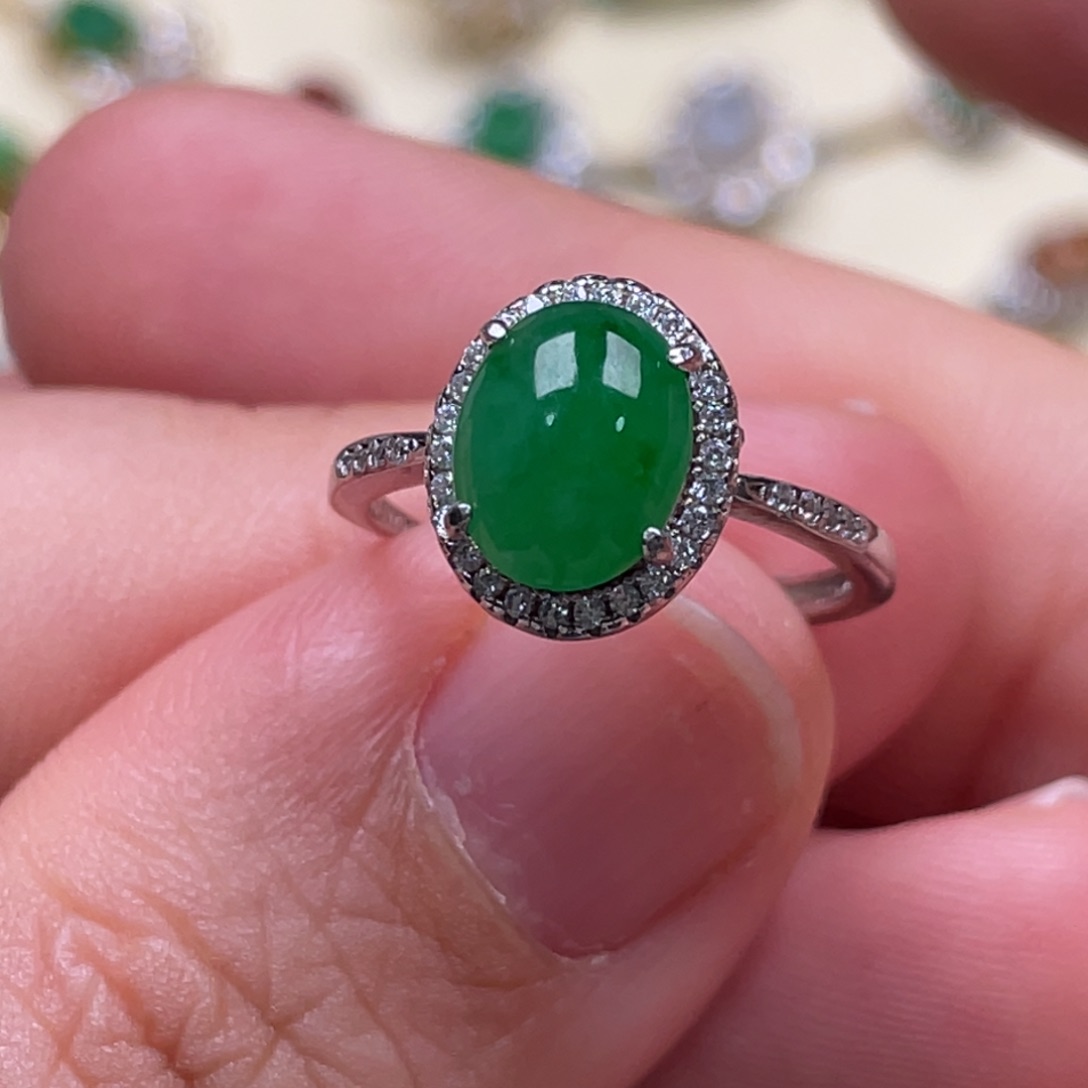 翡翠戒指银S925镶嵌纯天然缅甸翡翠