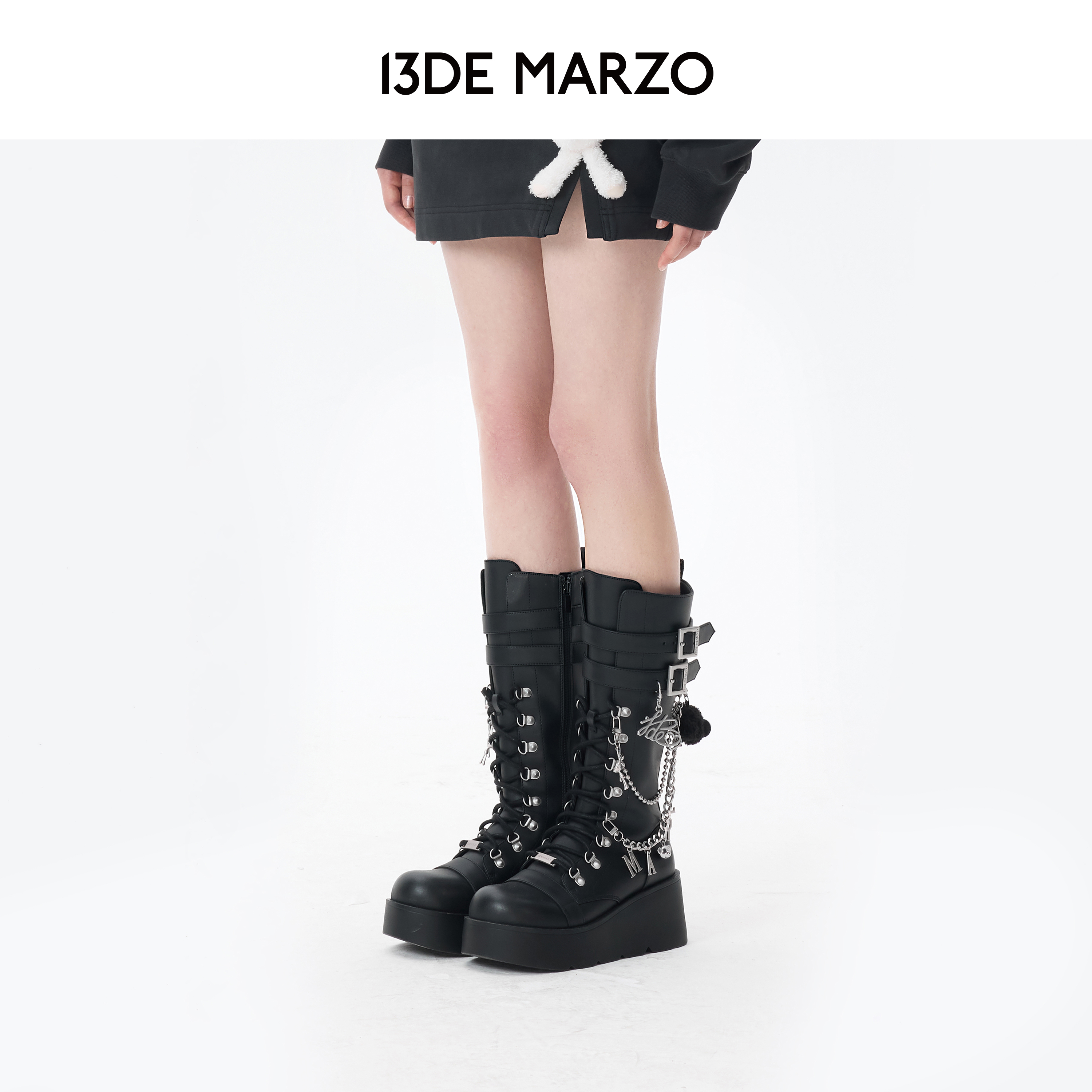 13DE MARZO女士 2025秋冬新款链条长筒靴厚底增高显瘦高筒鞋子