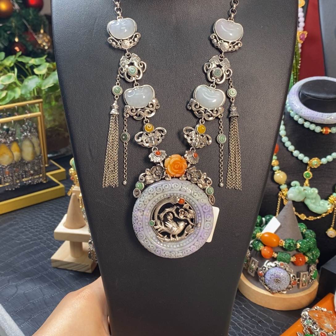 翡翠颈饰银S925镶嵌甜甜圈吊坠 亏清