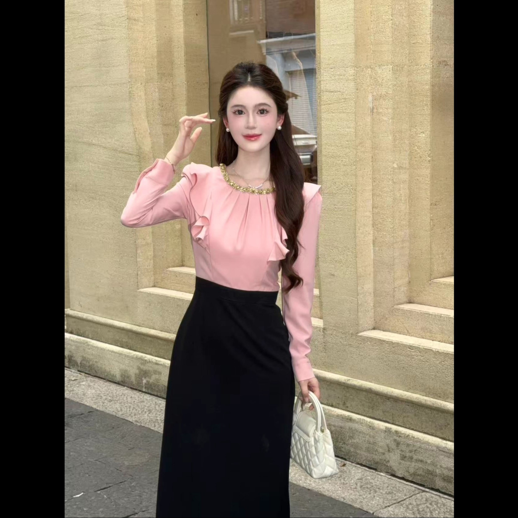 小香风高级温柔甜美粉拼黑收腰精致长袖女连衣裙QY0051