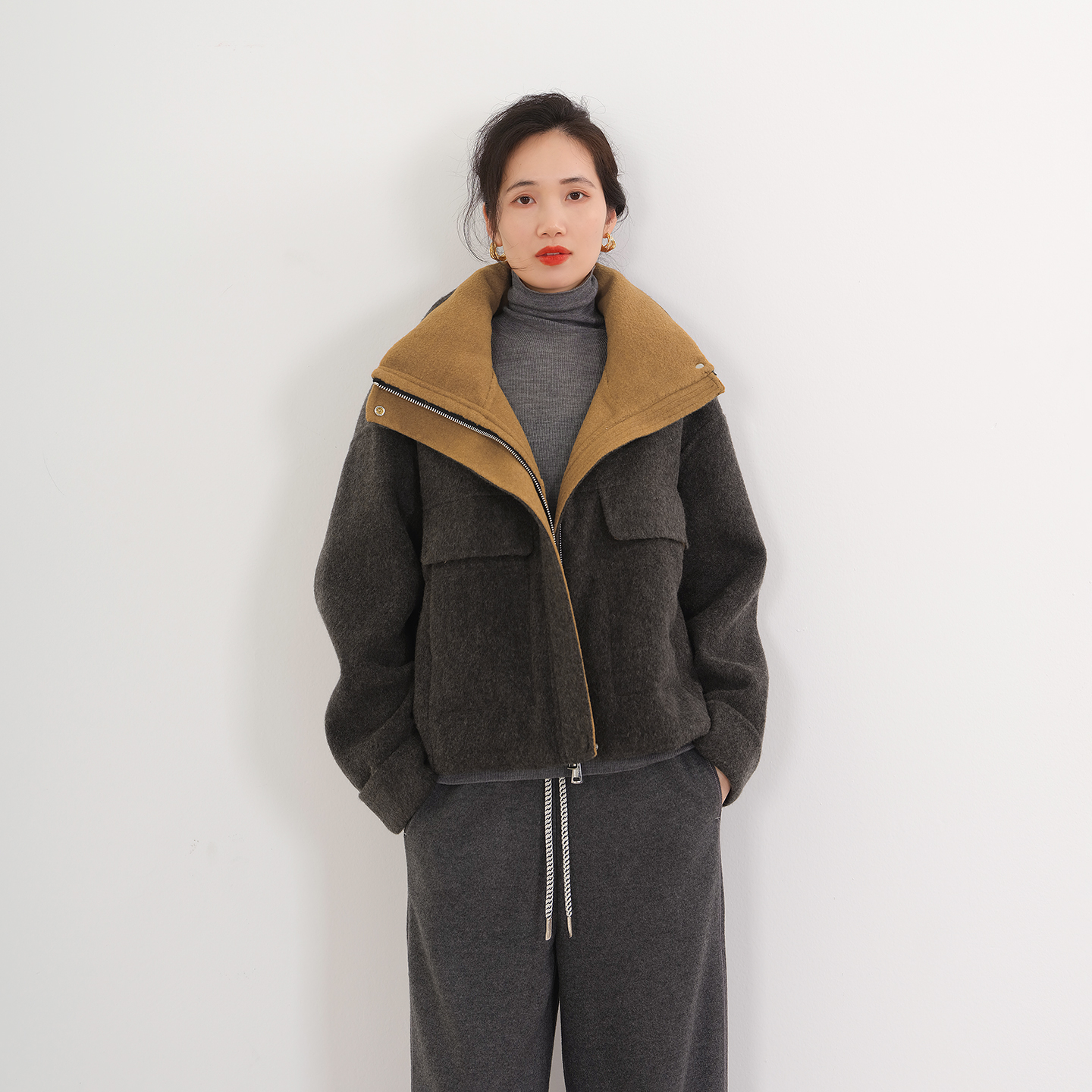 EKNR鹅绒服|双面羊毛填充鹅绒加厚短款宽松型立领两面穿保暖鹅绒