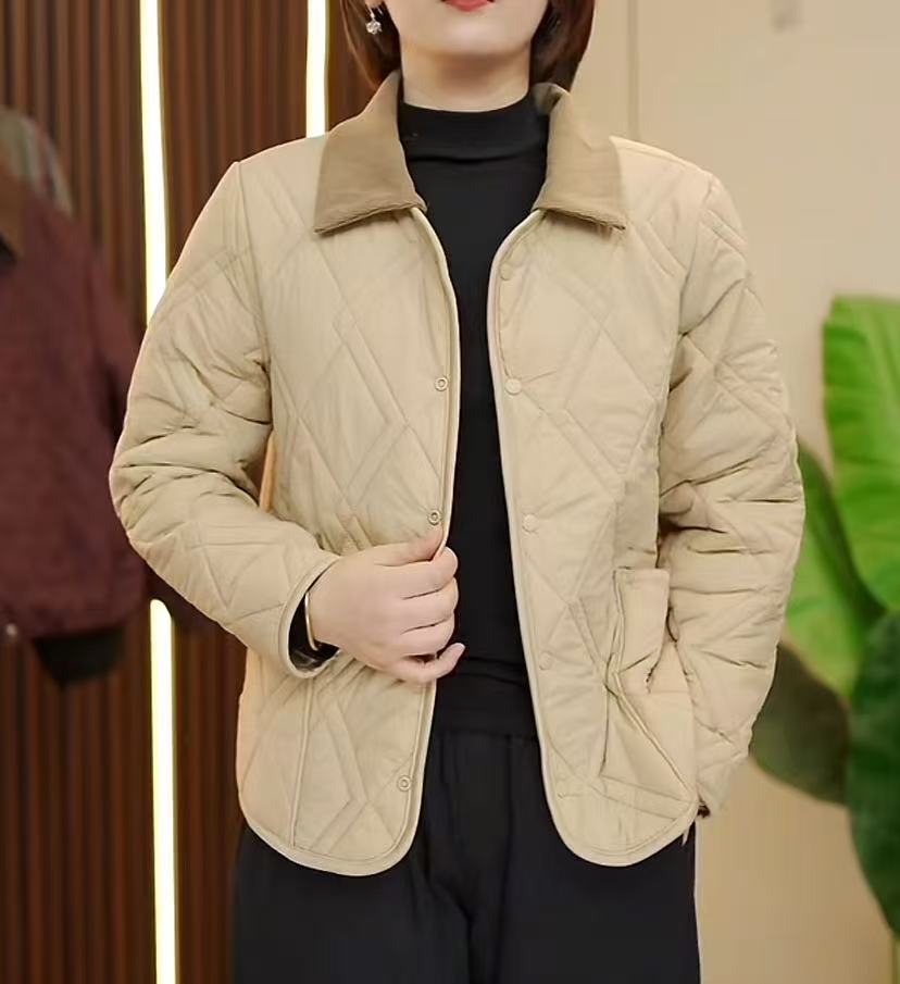 2025秋冬菱格翻领加厚保暖羊毛防风外套棉服女可拆卸衣领