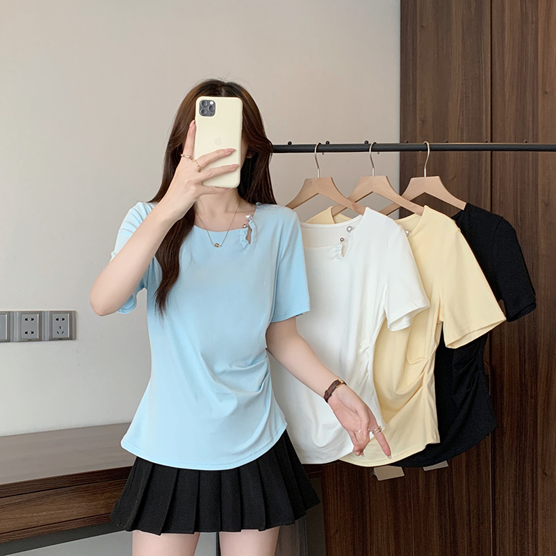 2025夏装新款胖mm大码女时尚设计感折皱收腰上衣短袖T恤35118