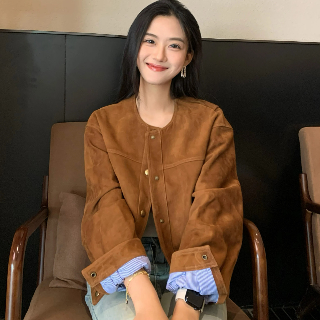 复古反绒皮皮衣美拉德外套女秋冬设计感宽松休闲短款夹克上衣