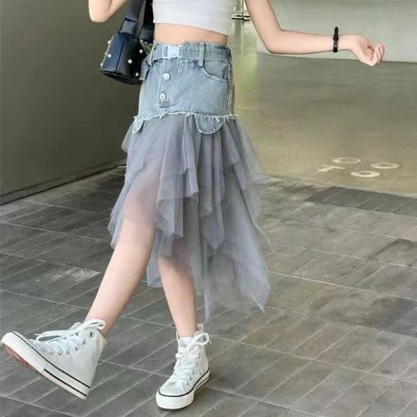 女童2025春季新款甜辣牛仔拼接半身裙时尚洋气牛仔纱裙B0153