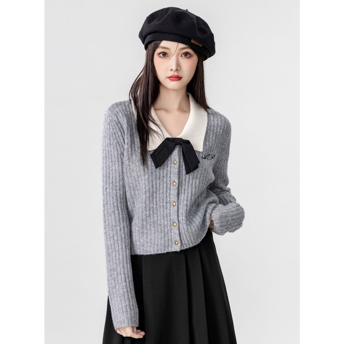 【衣长56】撞色蝴蝶结翻领开衫毛衣外套款百搭针织短款上衣105