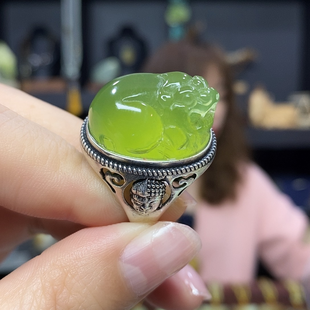 岫玉挂件吊坠戒指银S925镶嵌