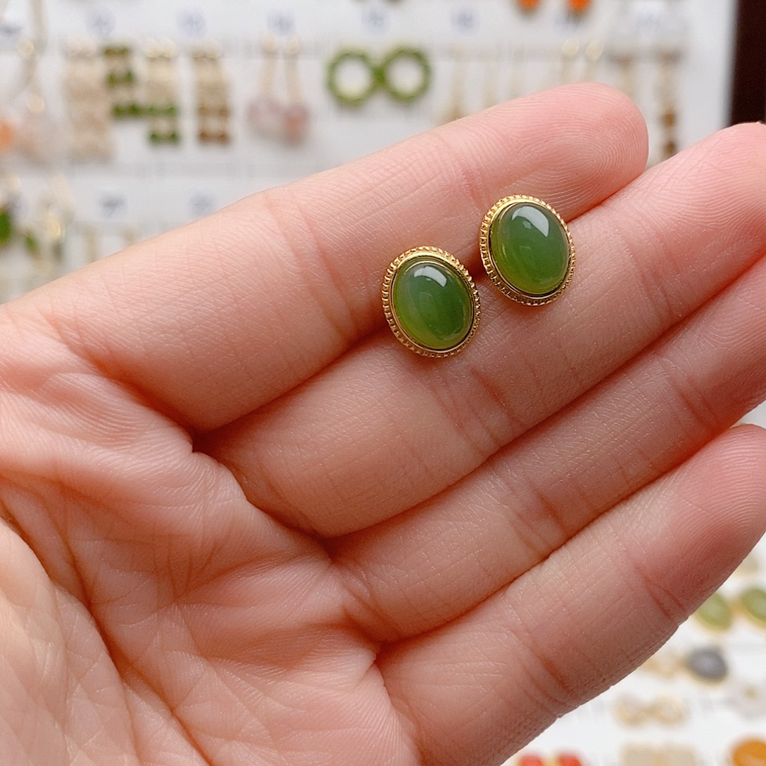 和田玉银S925镶嵌耳饰