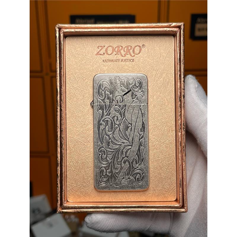 限量Zorro佐罗古银精雕人物超薄超窄质感煤油打火机ZS5-320