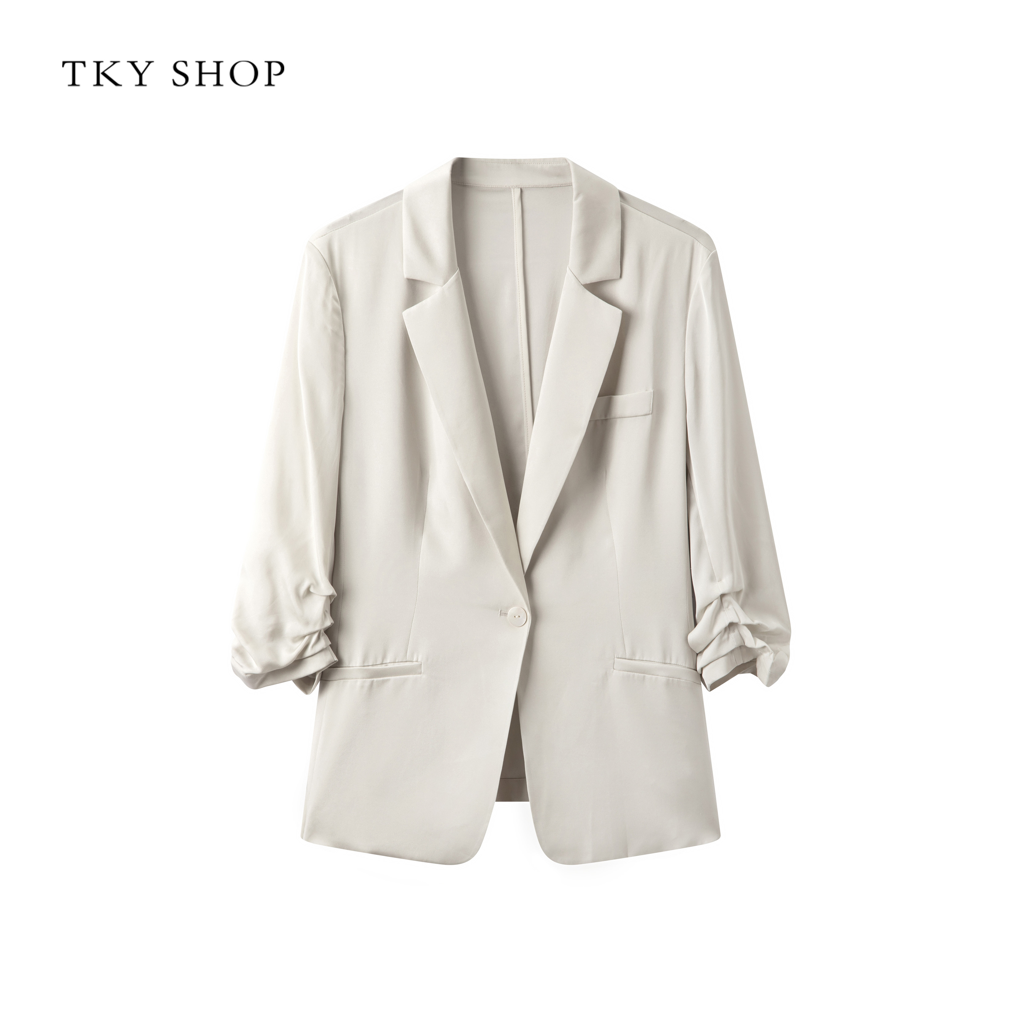 TKYSHOP轻奢真丝西装外套女春堆堆袖气质桑蚕丝西服 10G1QI02Z183