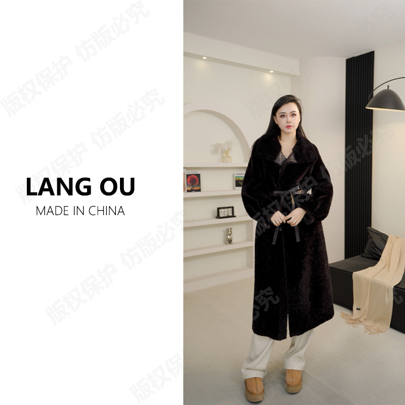 【GEGUNI】“伦敦恋人”法国进口立领拉贡腰带长款皮毛一体25095-1