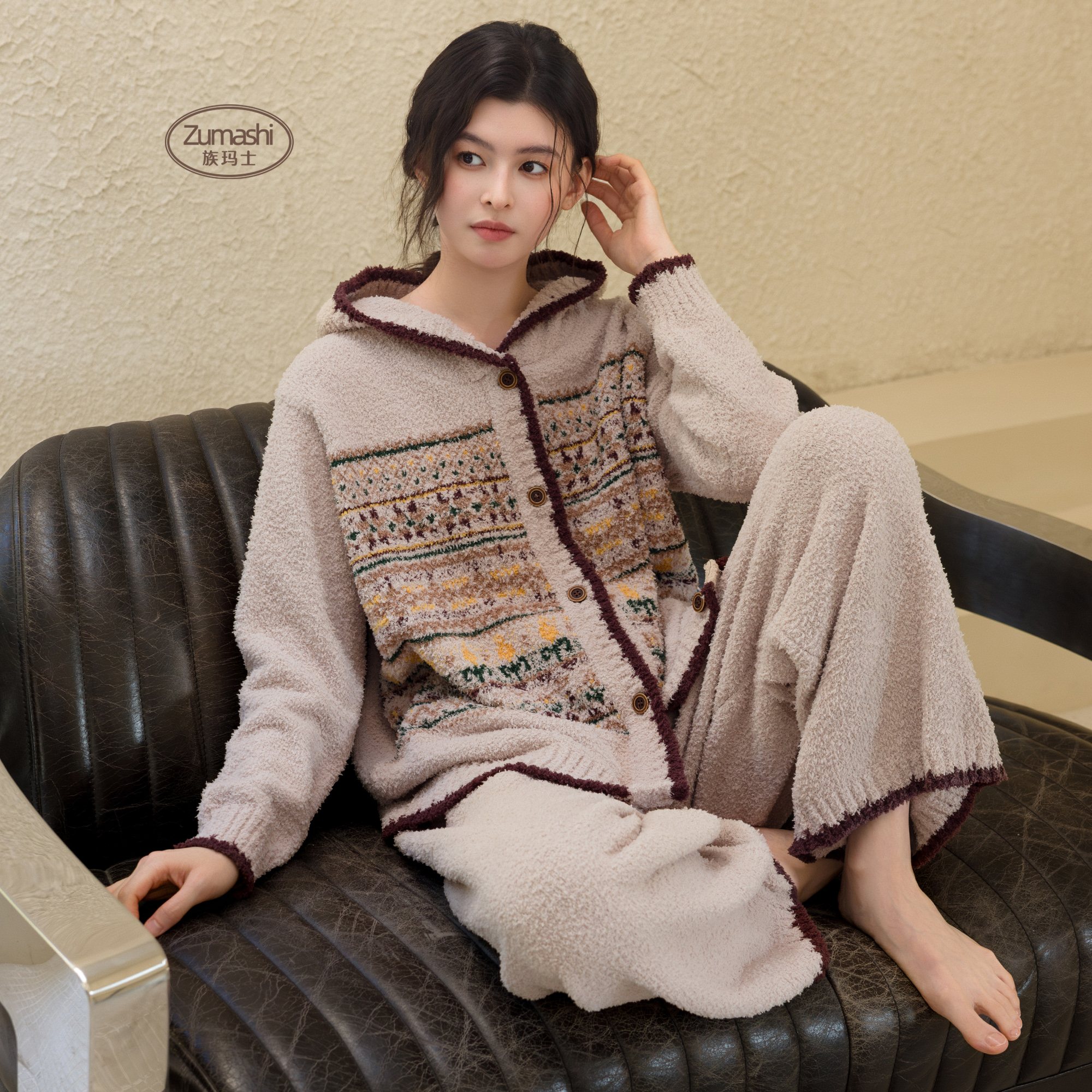 族玛士半边绒睡衣女秋冬季2025新款加厚珊瑚绒休闲套装加厚家居服