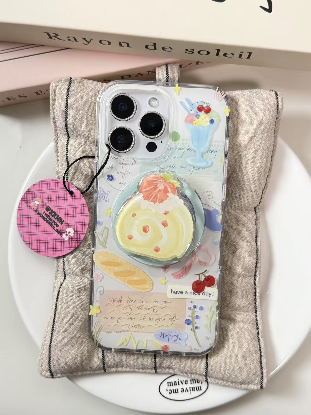 彩绘瑞士卷插画磁吸支架适用苹果16promax15pro14Pro 13防摔可爱
