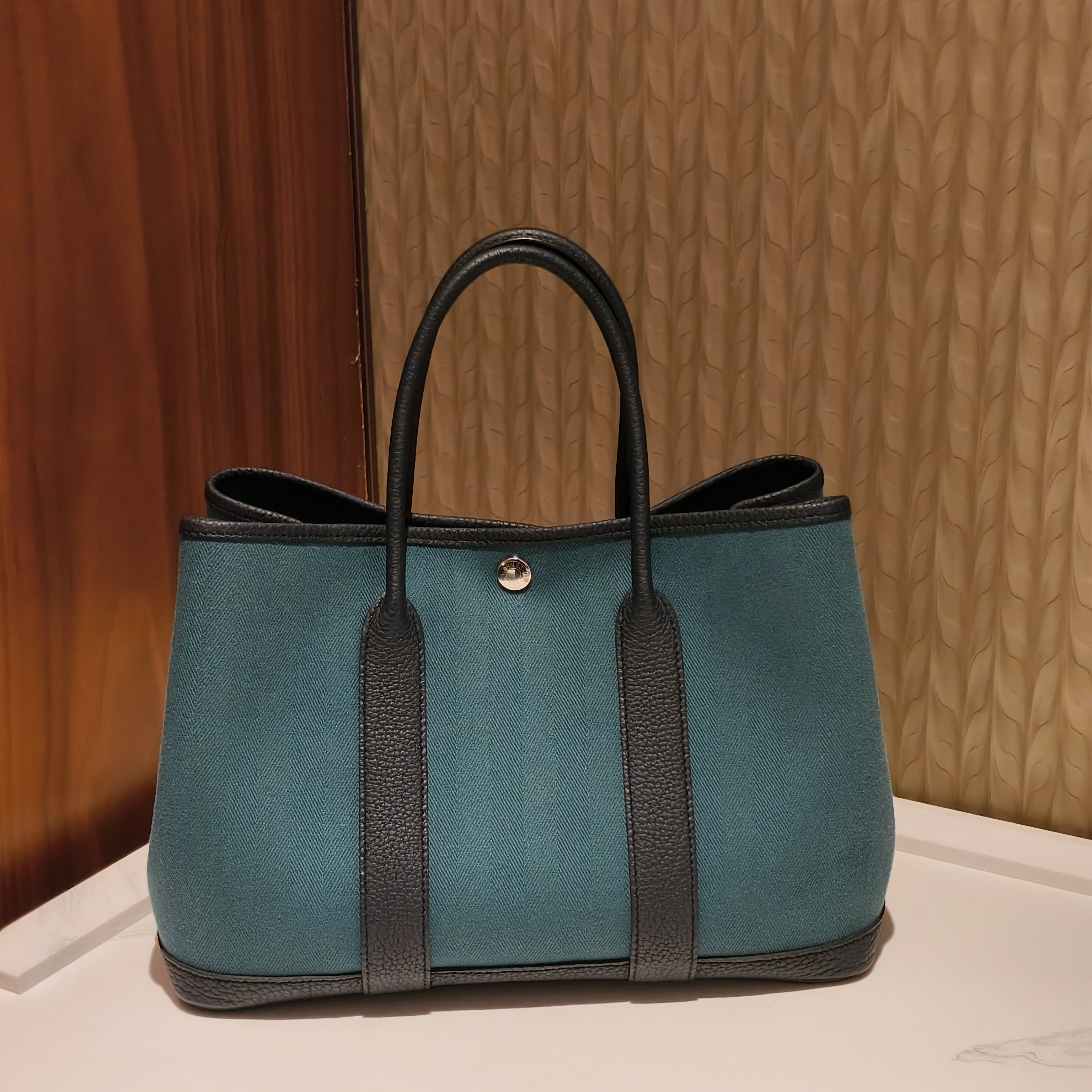 99新 Hermes/爱马仕 包展专属 爱马仕绿帆布拼黑皮花园30