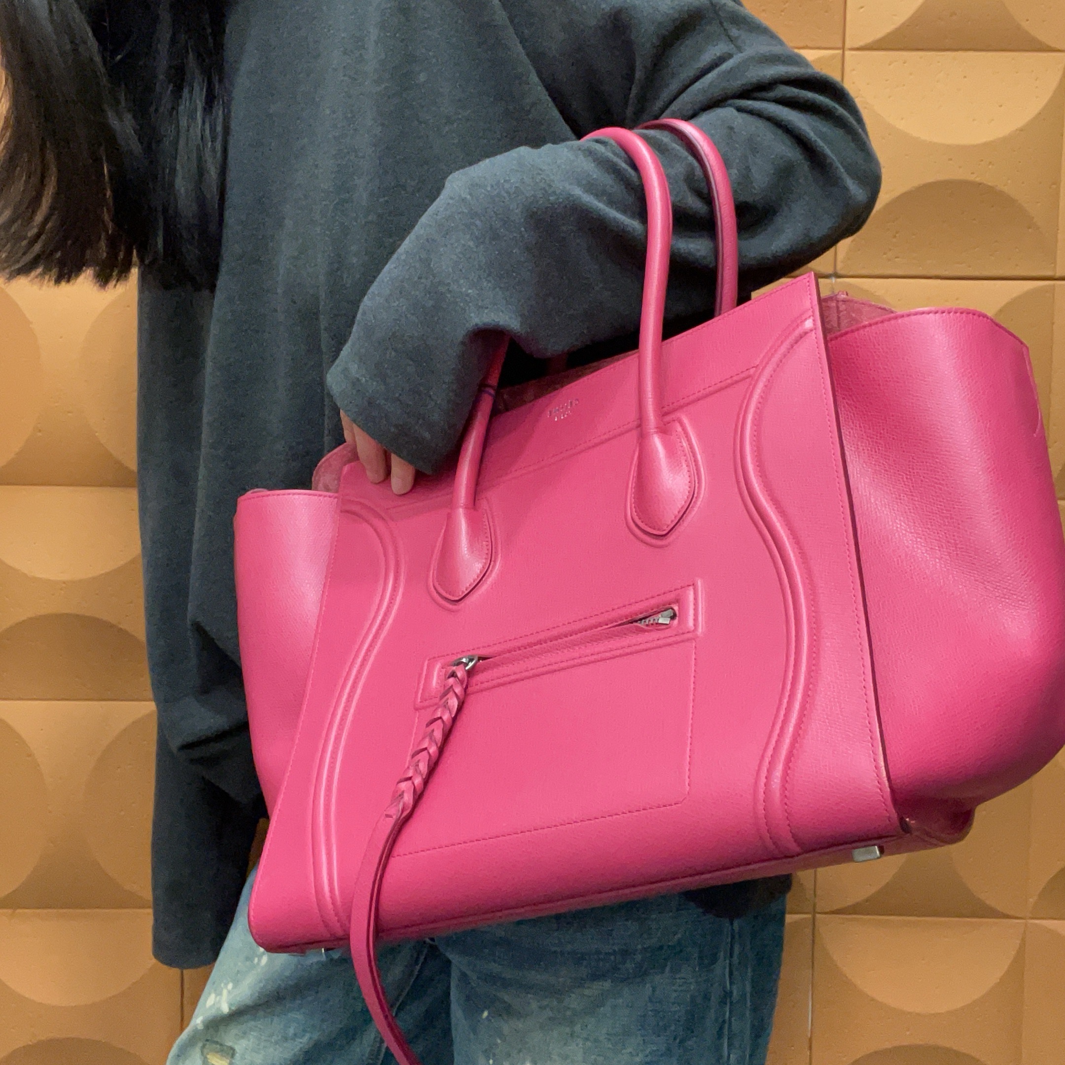 95新 Celine/思琳 【KK】 88 1227 玫红色荔枝纹幻影单肩包