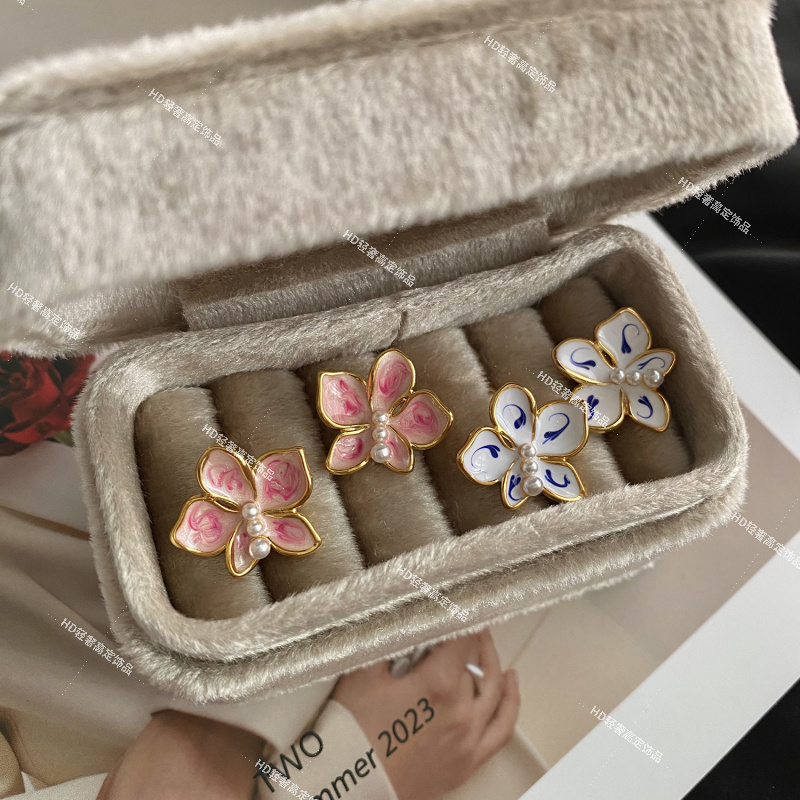 黄铜陶瓷耳饰 S925银针镀18(鸢尾花)百搭气质耳环轻奢滴油耳环