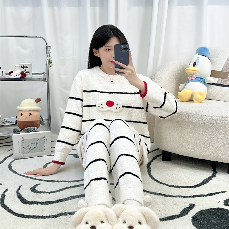 睡衣女冬季暖宫半边绒软绵绵家居服女士条纹可外穿秋冬天套装外穿