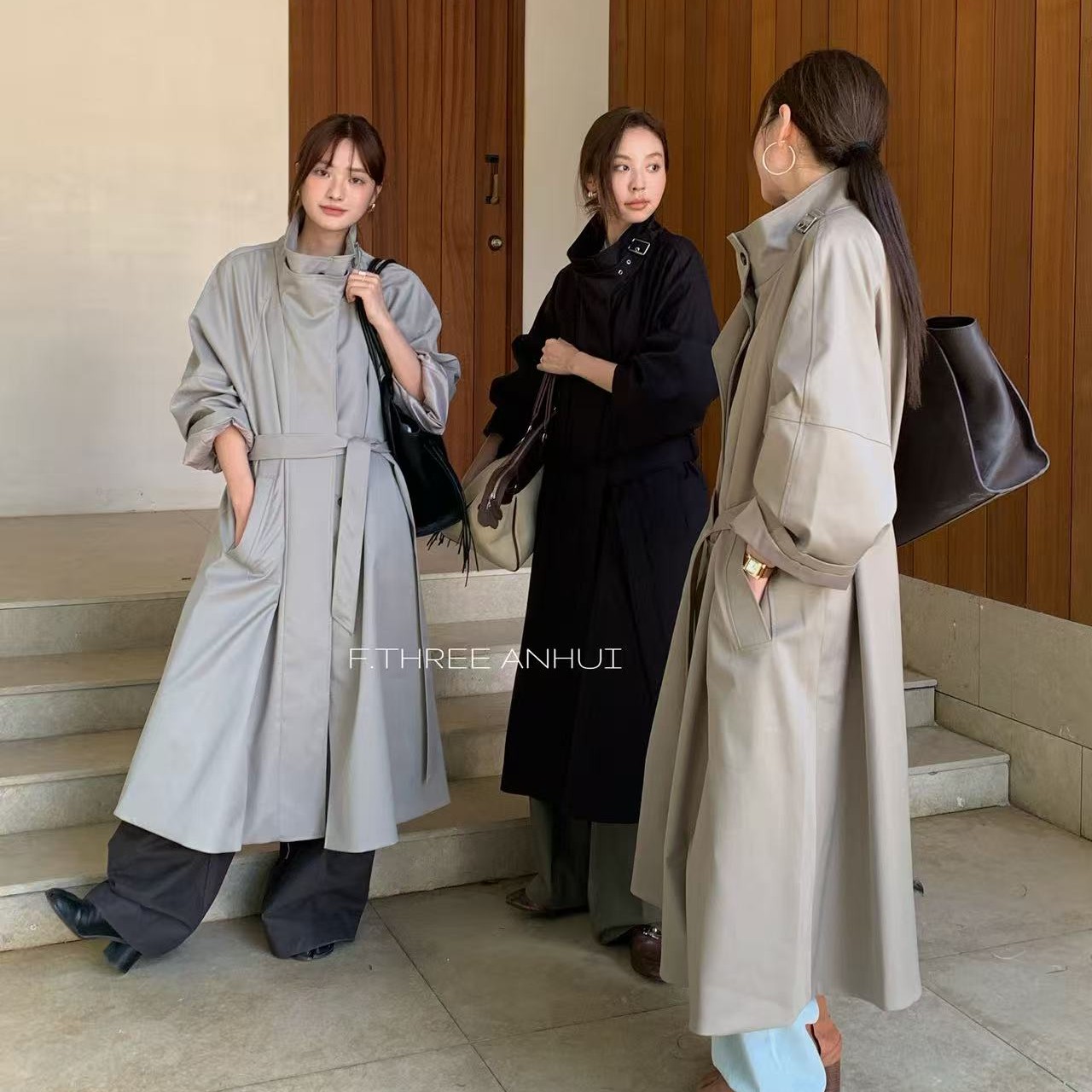 three秋季新款立领中长款气质时尚通勤显瘦氛围感风衣外套