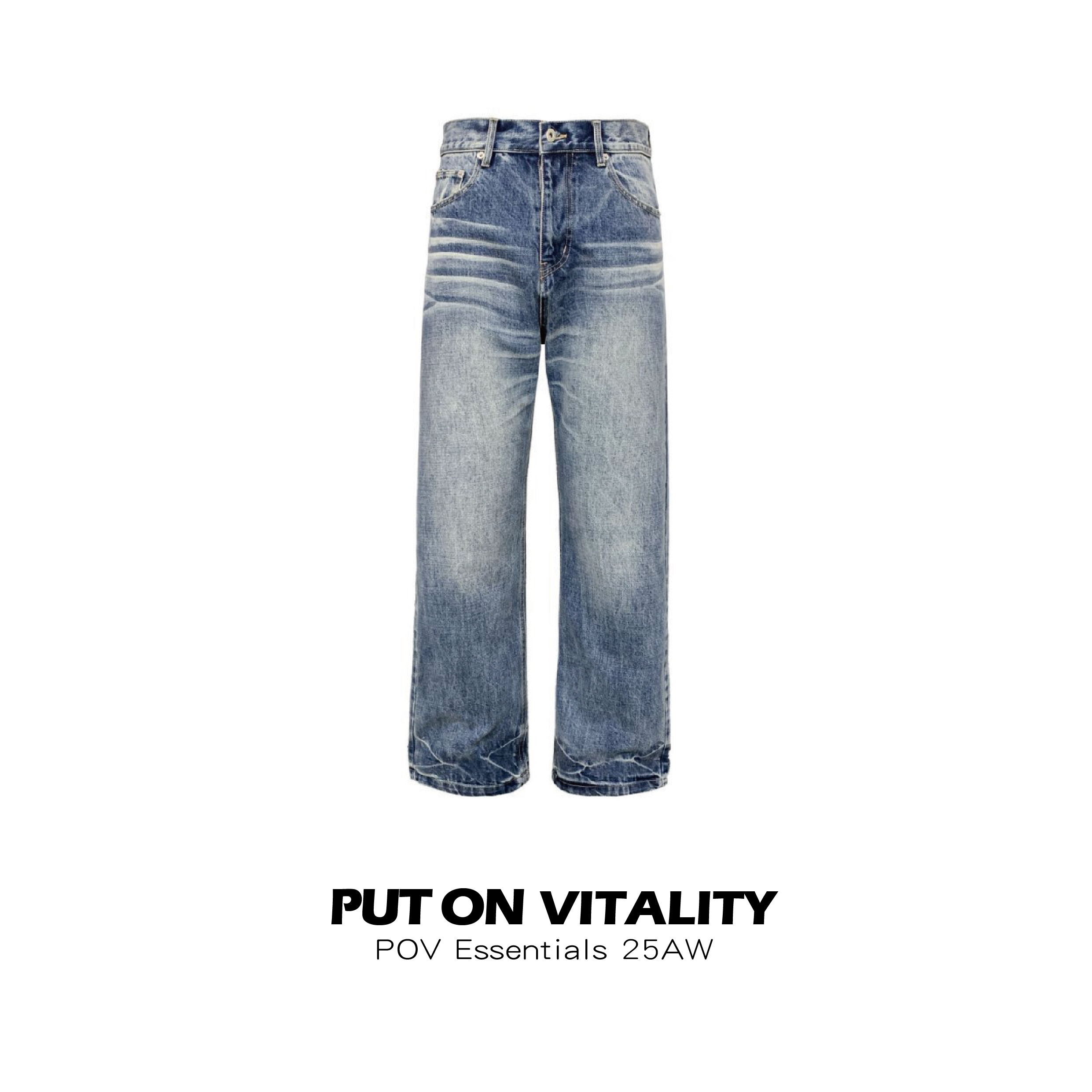 【Put On Vitality】15高盎司猫须立体蓝牛直筒男女复古做旧长裤