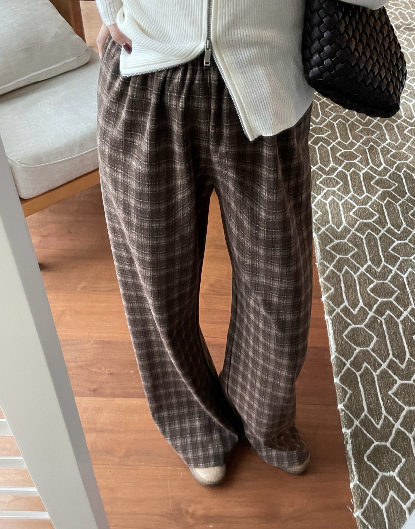 Vicky秋冬氛围感格纹直筒磨毛裤直筒裤宽松百搭加厚阔腿裤