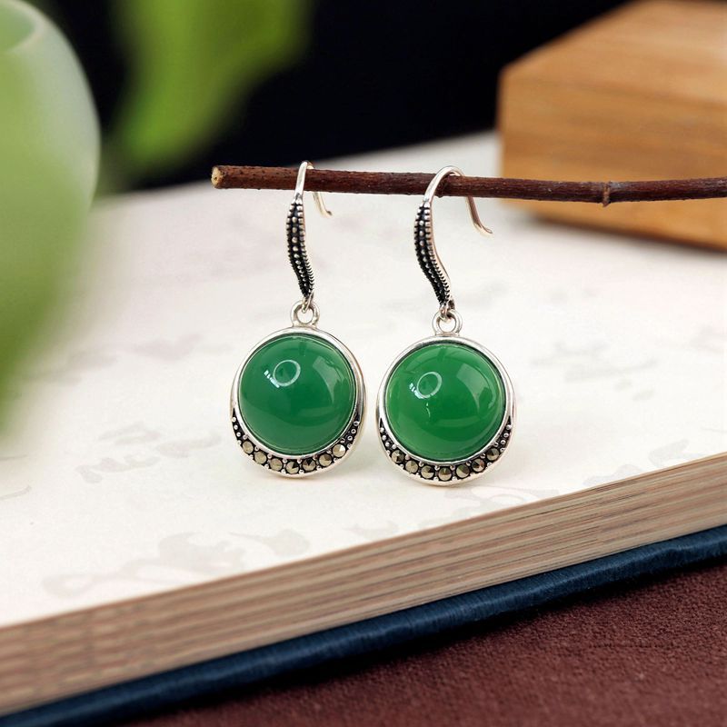 925银耳饰 s925泰银绿色耳环女复古做旧民族风简约气质圆形耳坠