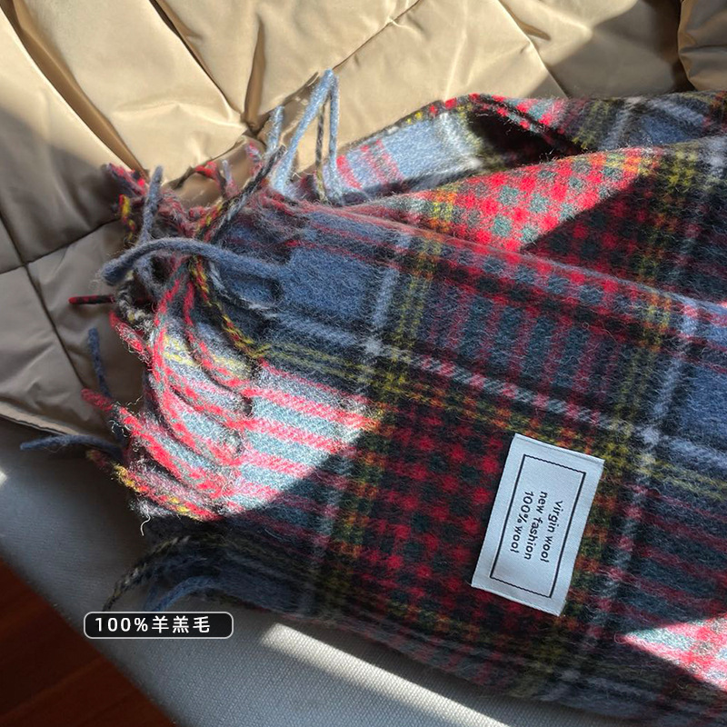 100%羊羔毛韩版格子长款围巾2025冬季新款女韩版百搭羊毛围脖保暖