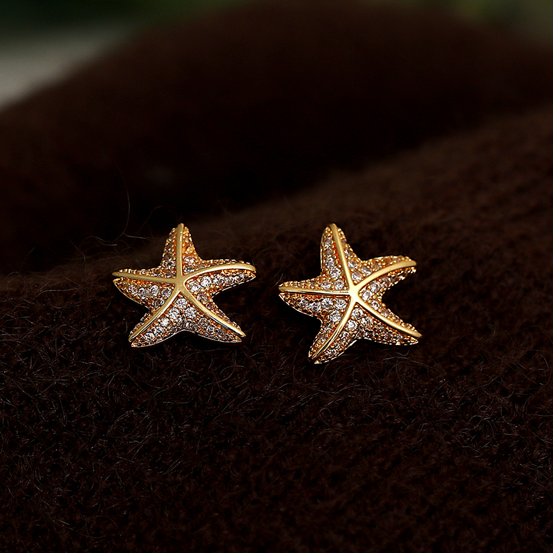 铜合金锆石耳饰 0162海星造型耳钉女 奢华微镶满钻耳饰小众高级感