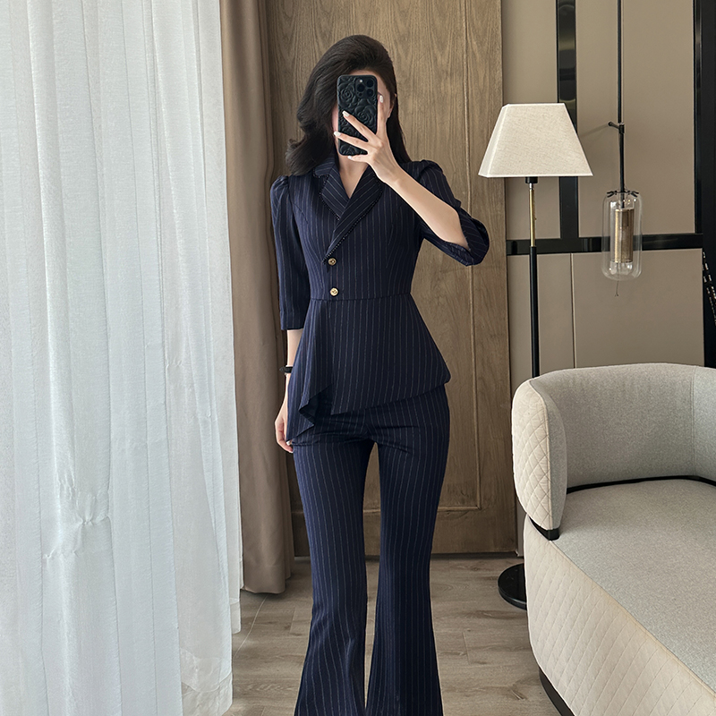 气质西装套装春夏新款条纹七分袖西服时尚韩版修身通勤工作服9760