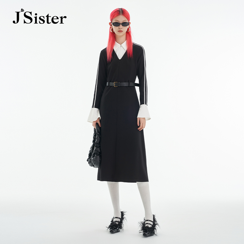 6677【李易行】jsister 秋装新款 JS女装时尚黑白拼接流行连衣裙